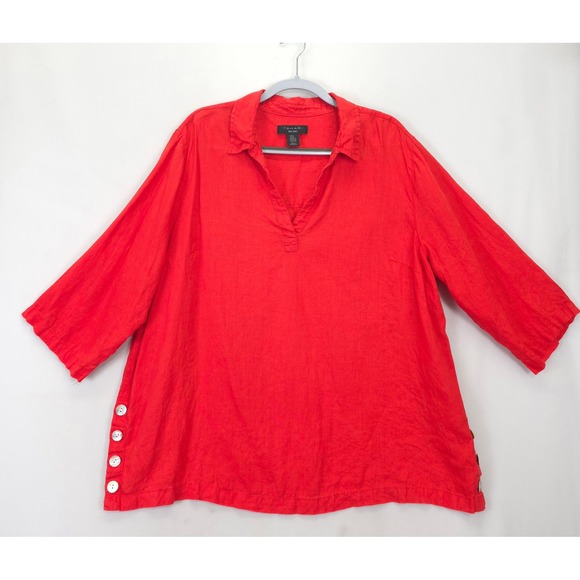 Tahari Tops - Tahari Linen Tunic Top Shirt Red 3/4 Sleeve Collared Button Side Women 2X